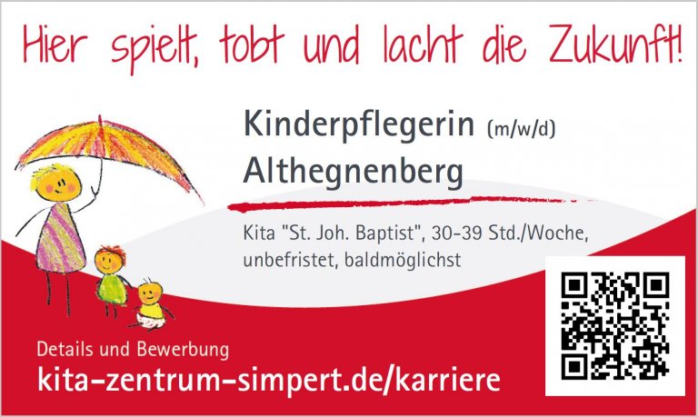 Grossansicht in neuem Fenster: Stellenangebot - Kinderpfleger/in (m/w/d) für KITA St. Johannes Baptist in Althegnenberg